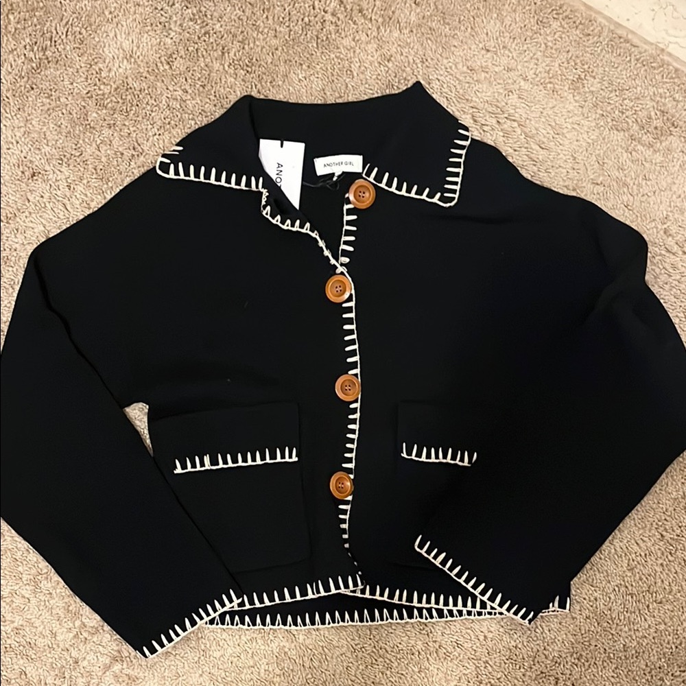 Another Girl Black Cardigan with Contrast Stitching